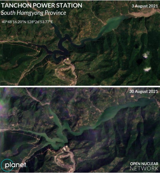 A comparison of the water levels at the Tanchon Power Station dam