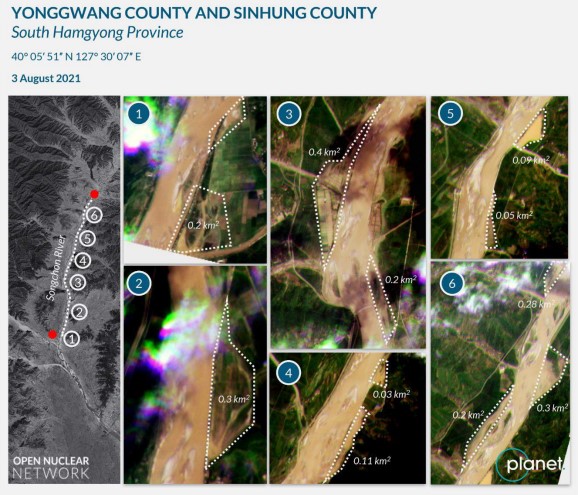 Damage to embankments and roads and flooding in agricultural fields along the Songchon River