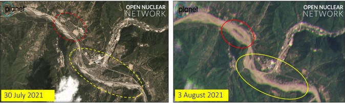 Example of flood damage to towns and agricultural fields in the South Hamgyong Province