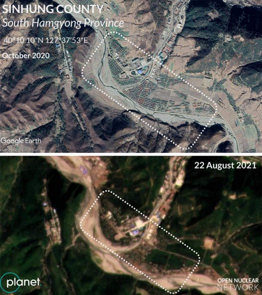 Houses and other buildings washed away further east of Sinhung County's centre in early August