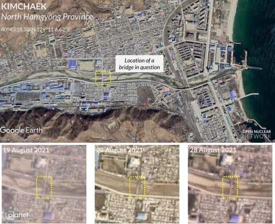 Overview of Kimchaek and the location of a bridge possibly damaged and then repaired in August 2021