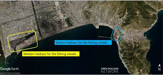 Overview of the Chongjin Port showing the eastern and western harbours for fishing vessels